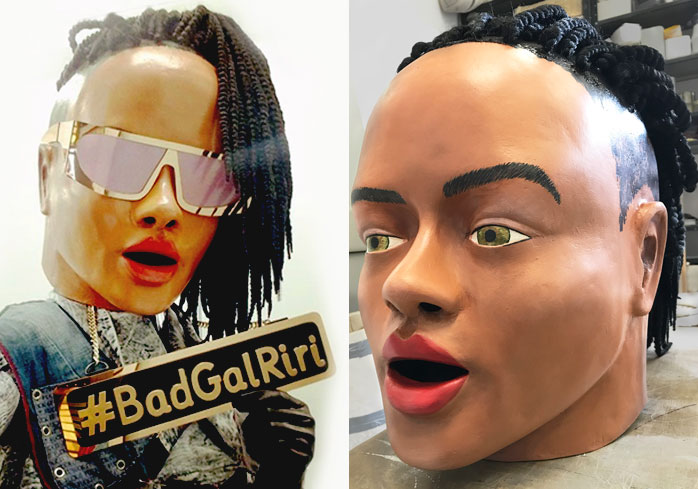 giant big head mask paper mache black portrait Rihanna made by Tentacle Studio