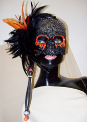 Swarovski crystal skull mask voodoo black feathers Oxford fashion week 