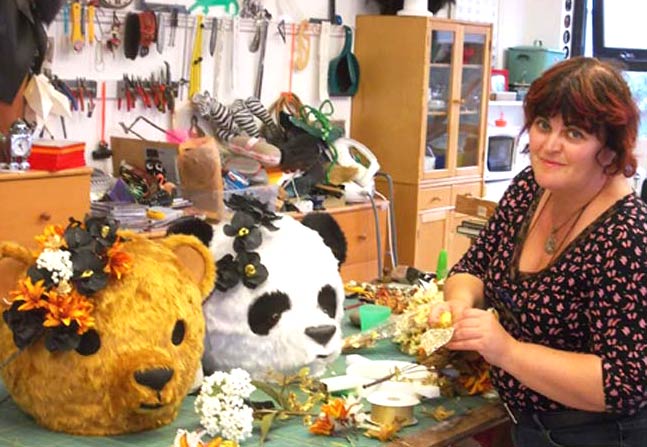 Bev Shalts mask maker panda teddy bear heads