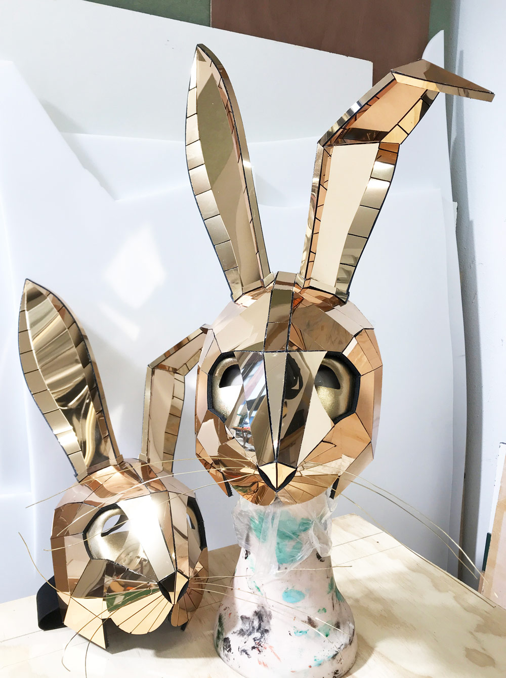 gold geometric metal rabbit hare mask.