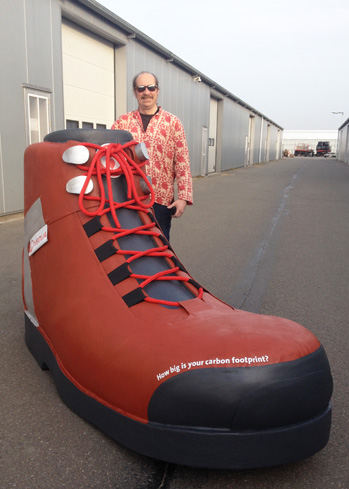 giant hiking boot shoe carbon footprint prop decoration sculpture