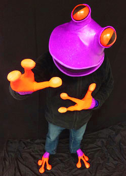 purple tree frog costume head  made by Tentacle Studio